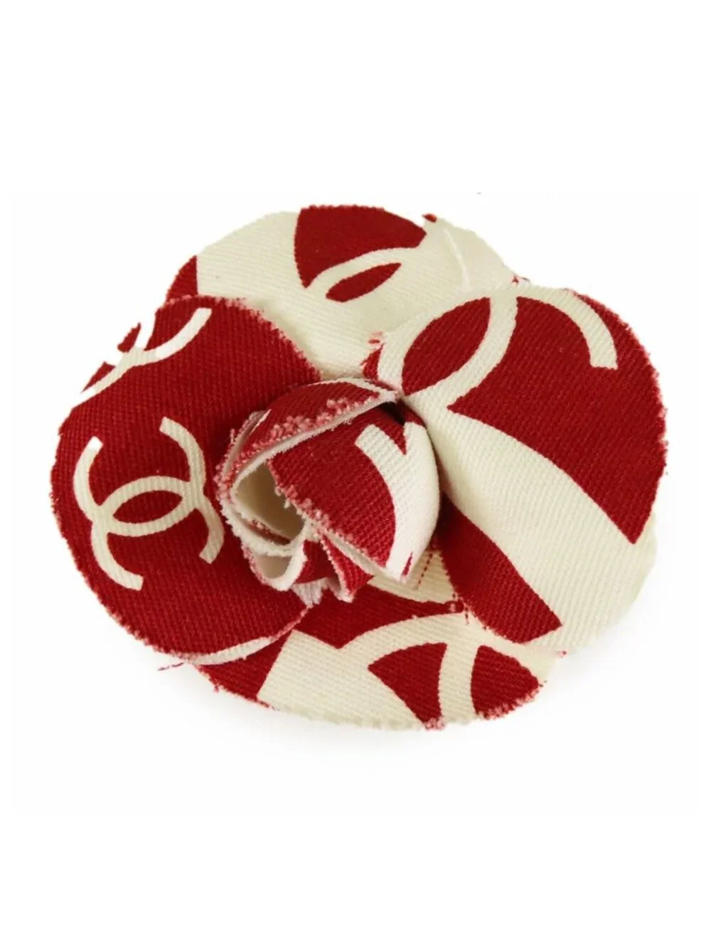 Chanel Camellia Corsage Red White Gold Canvas CC Logo Brooch